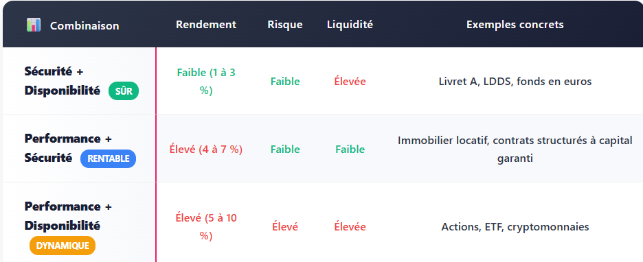 TABLEAU RISQUE triangle de l'investissement FAIBLE PLUS LIQUIDITE ELEVE